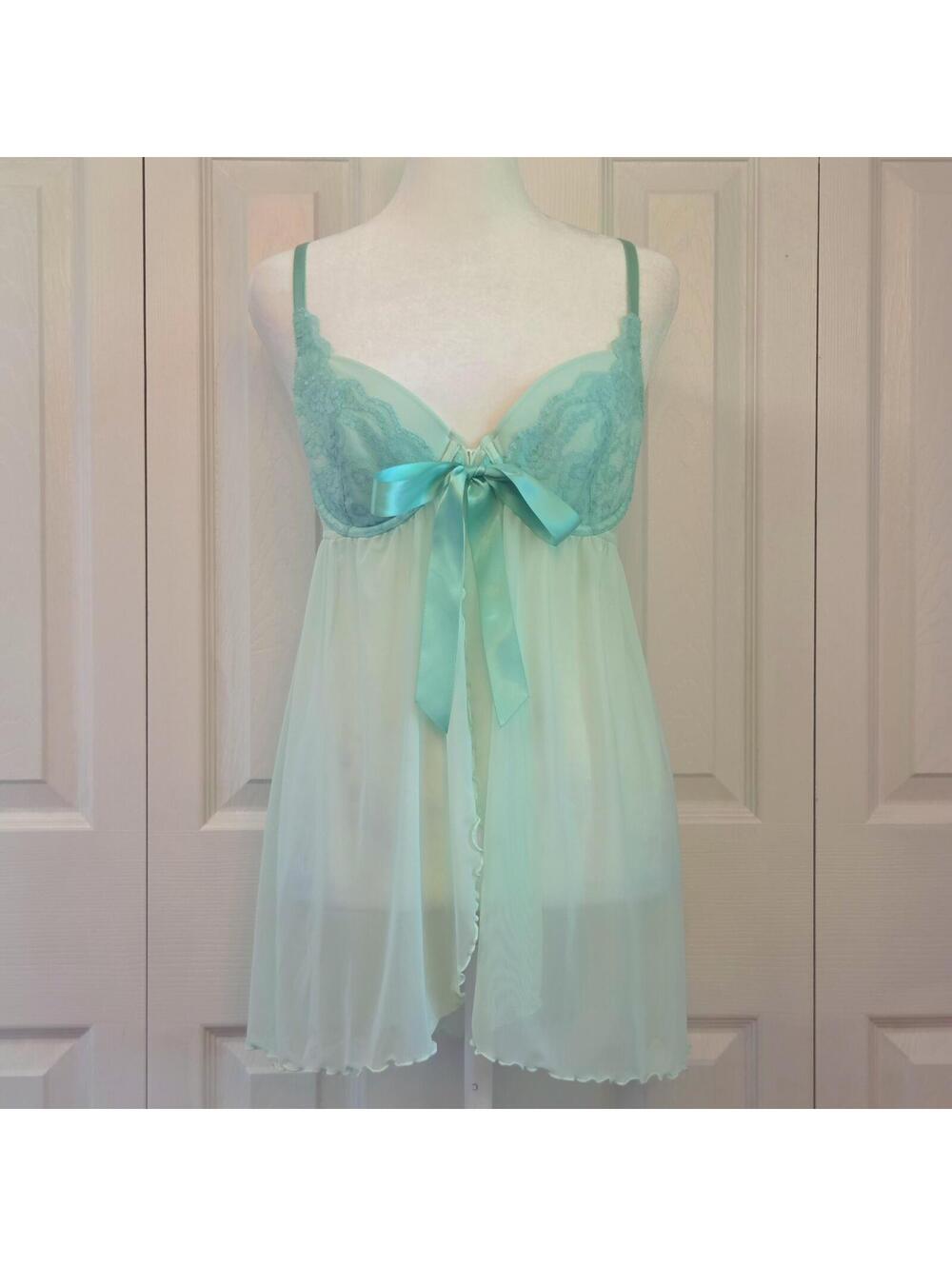Sheer Aqua Blue Green Lace Babydoll Cami Slip Sz L Y2K Coquette Lingerie Chemise